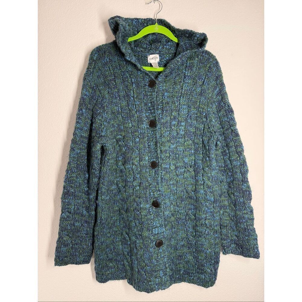 Vintage Chico’s Y2K Cottagecore Wool Blend Knit Boho Hooded Cardigan Size 2/L
